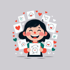 Happy girl holding drawings of smiling faces surrounded by hearts  