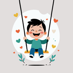 Cheerful boy swinging with joy surrounded by hearts and leaves  