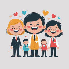 Happy cartoon family smiling together with hearts in the background  