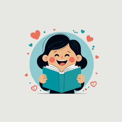 Happy girl reading a book with heart shapes in a colorful design  