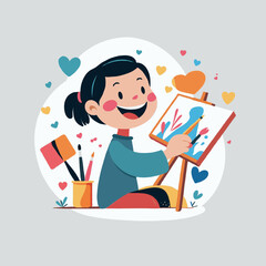 Happy child painting with brush and easel surrounded by hearts  