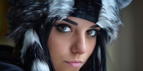 dynamic angle photo of a gen z woman cosplaying as a skunk RPG character 