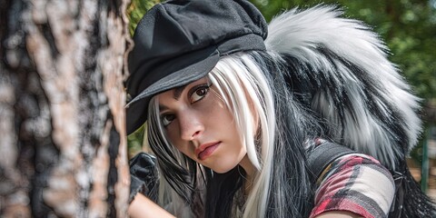 dynamic angle photo of a gen z woman cosplaying as a skunk RPG character 