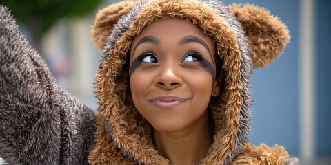 dynamic angle photo of a gen z woman cosplaying as a sloth character