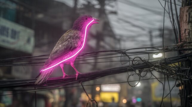 Neon crow perched on tangled city wires, urban surrealism and modern art fusion