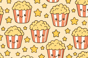 Cute kawaii popcorn buckets with smiling faces and stars seamless pattern background