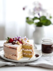 Slice of naked layer cake on plate, Cream frosting and berry topping, Edible flowers garnish, Jar of jam side prop, Minimal white background, Copy space, Cozy dessert scene