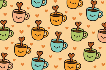 Cute kawaii coffee cups with heart stirrers seamless pattern background