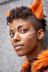 dynamic angle photo of african american gen z woman cosplaying as a fox RPG character 