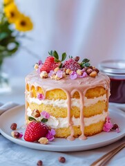 Small drip layer cake with berries, Strawberry topping and edible flowers, Creamy frosting glaze drips, Plate presentation, Soft pastel background, Copy space, Modern dessert styling