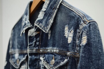 Close-up of a stylish dark blue distressed denim jacket with frayed details and rips, hanging on a wooden hanger. Trendy casual wear.