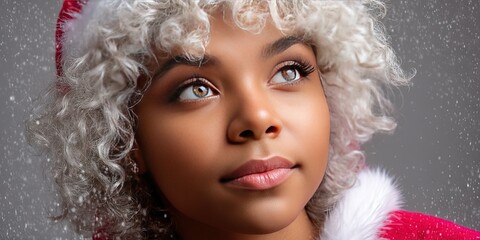 dynamic angle photo of african american gen z woman cosplaying as a christmas character