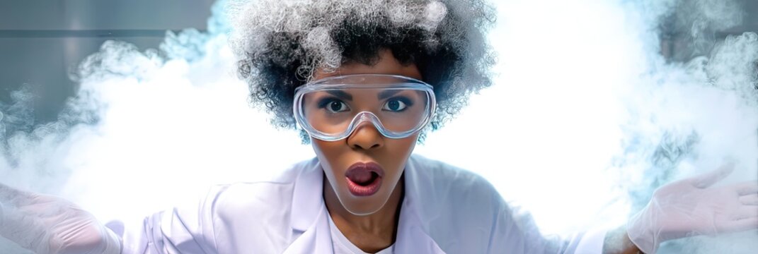 dynamic angle photo of african american gen z woman cosplaying as a mad scientist character in lab