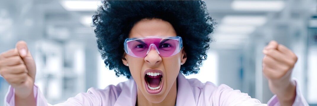 dynamic angle photo of african american gen z woman cosplaying as a mad scientist character in lab 