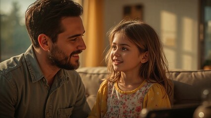 Naklejka premium Father and daughter smiling together at home in warm sunlight, family bonding, happiness, parenting, childhood, connection, indoors