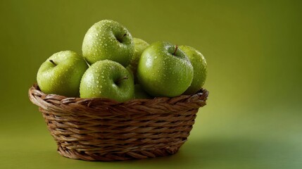 A basket of green apples on the table, solid color background, commercial photography, high resolution.