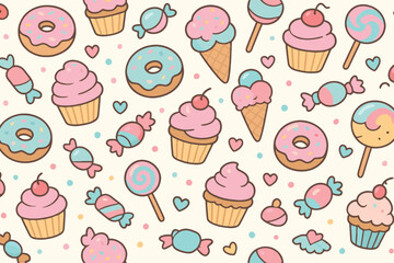 Seamless pattern of cute hand drawn sweets and candies featuring donuts cupcakes and ice cream cones