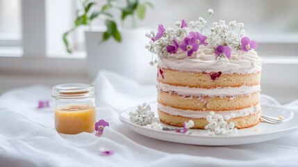 Naked style layered cake with flowers, Soft daylight food closeup, Minimal white table setting, Elegant homemade bakery look, Airy pastel background, Clean composition design, Copy space