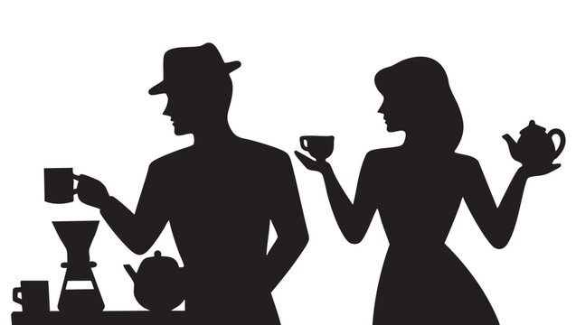 Minimalist black and white coffee pouring scene silhouette design