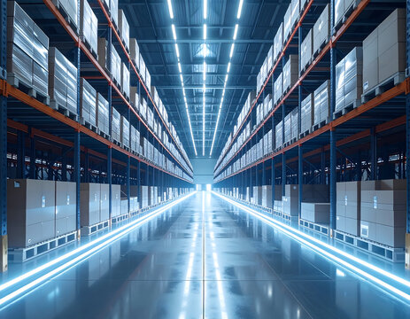 Futuristic Warehouse with Automated Robots Moving Shelves