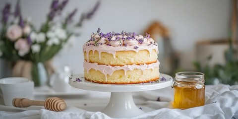 Honey cake with lavender decor, Soft daylight dessert closeup, Rustic kitchen background style, Elegant bakery presentation, Minimal table props, Calm pastel mood, Copy space composition