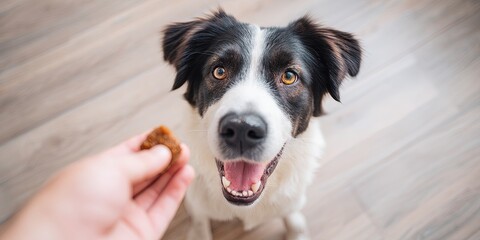 happy hungry dog sitting on floor. a hand is giving him large black angus steak