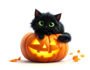 Adorable 3D Cartoon Black Cat Sitting on a Pumpkin on White Background