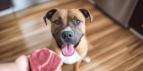 happy hungry dog sitting on floor. a hand is giving him large black angus steak