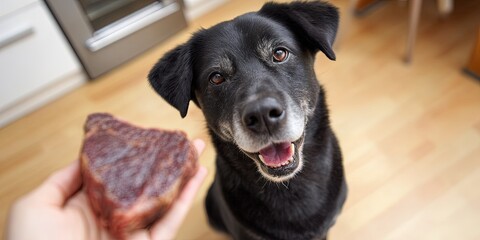 happy hungry dog sitting on floor. a hand is giving him large black angus steak