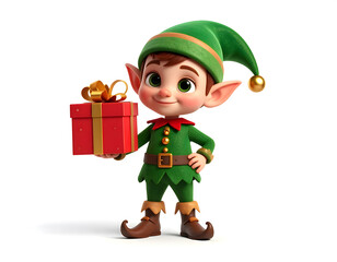 Adorable 3D Cartoon Elf Holding a Gift on White Background
