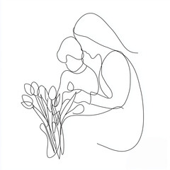 Mother holding daughter and presenting flowers in line art style - Concept of International Women’s Day  