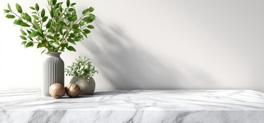 Minimalist, modern scene with plants in vases on a marble surface