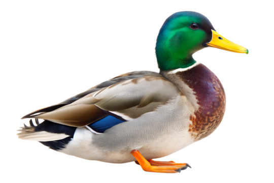 Male mallard duck standing isolated on transparent background with vibrant green head and yellow beak