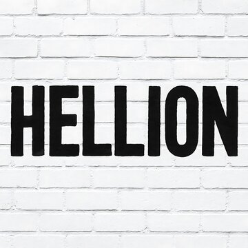 The word hellion written in black on a white brick wall background.