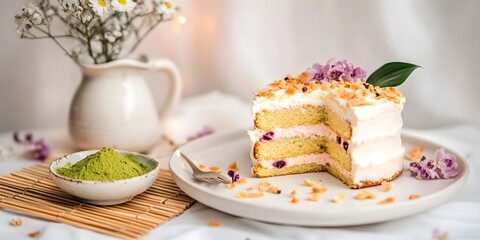 Creamy layered cake with nut topping, Soft daylight food closeup, Minimal table setting background, Artisan dessert presentation, Clean composition style, Cozy bakery mood, Copy space for text