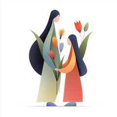 Mother and daughter exchanging flowers in colorful spring setting, concept of International Women’s Day  