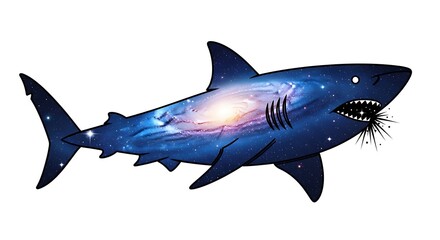 Naklejka premium Cosmic Shark with Eyelashes - A Whimsical Fusion of Galaxy and Marine Life.