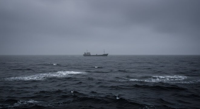 Cargo ship sailing through foggy sea under a cloudy sky. Ocean vessel navigating through heavy mist. Transport and shipping concept.