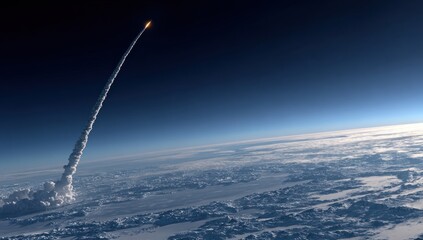 A rocket ascends from Earth into the vast, dark expanse of space, leaving a vapor trail