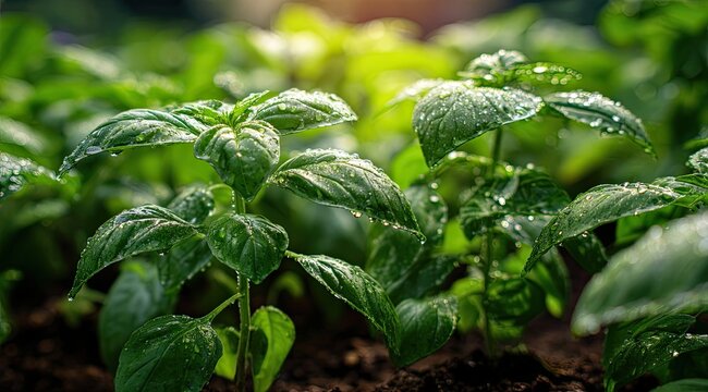 Close-up of young basil plants, glistening with dew drops - Powered by Adobe