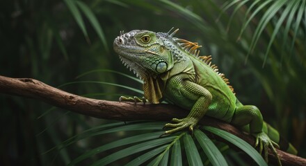 Fototapeta premium Green iguana on a brown tree branch. Natural habitat wildlife animal. Tropical rainforest and jungle environment.