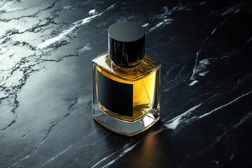 A sleek, rectangular perfume bottle with golden liquid and a black cap, resting on a dark marble surface with white veins.
