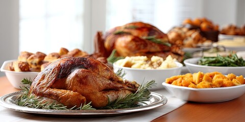 thanksgiving turkey dinner - roasted or fried turkey with holiday fixings on the dining table