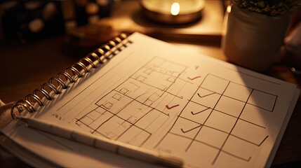 A spiral-bound calendar, partially open, is filled with handwritten tasks and checkmarks.  Soft lighting casts a warm glow on the desk