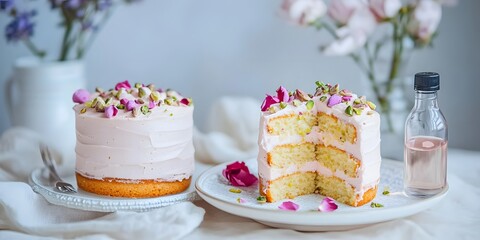 Elegant floral decorated cake on table, Dessert showcase closeup, Soft daylight interior, Minimal styling background, Gourmet bakery presentation, Copy space