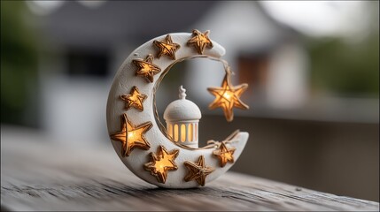 Ramadan Kareem crescent moon decoration with stars and lantern festive celebration