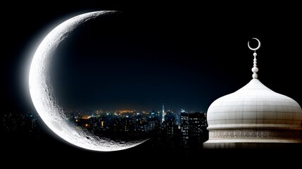 Ramadan night cityscape with crescent moon and mosque dome evoking spirituality and peaceful