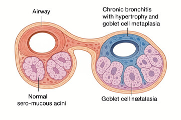 Illustration showing normal sero-mucous acini and airway compared to chronic bronchitis with goblet cell metaplasia and hypertrophy.