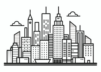 Obraz premium Black and white line art city skyline with clouds urban