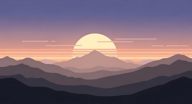 Serene Mountain Landscape at Sunset with a Large Sun and Hazy Sky.